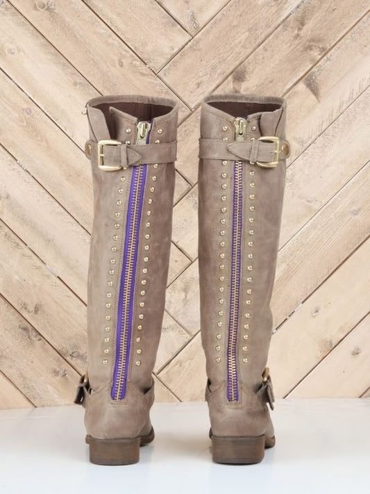 New Women's Boots Solid Color Flat Rivet High Boots