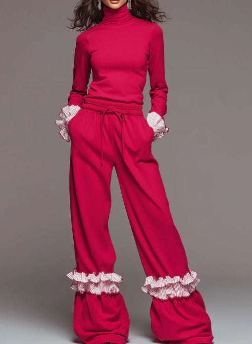Fashionable Sporty Striped Ruffled Red Turtleneck Top And Wideleg Pants Set