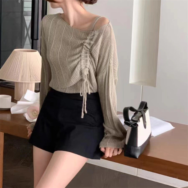 Knitwear High-grade Short Off-shoulder Long-sleeved Top Two-piece Set