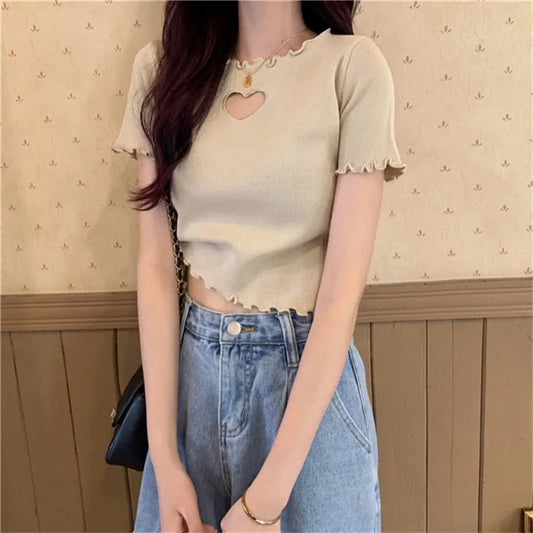 Short Hollow Out Love T-shirt With Wooden Ear Edge Top