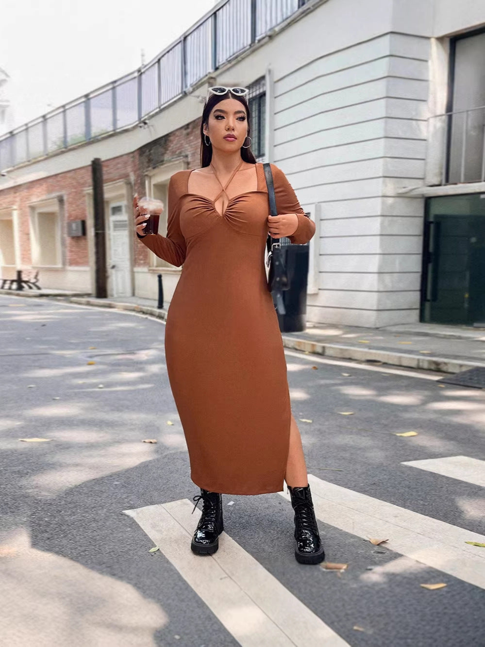 European And American-style Caramel-colored Halter Dress For Women