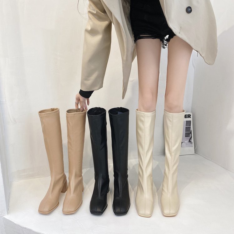 Square Toe Chunky Heel Back Zipper High Boots, Female