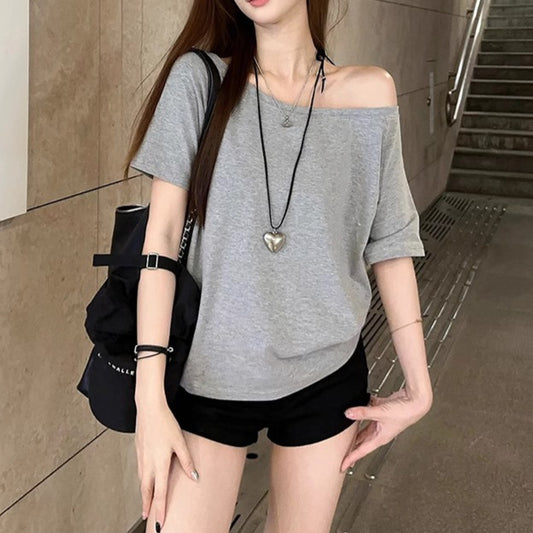 Womens Solid-Color American-Style Retro Off-the-Shoulder Slash-Neck Short-Sleeve Top