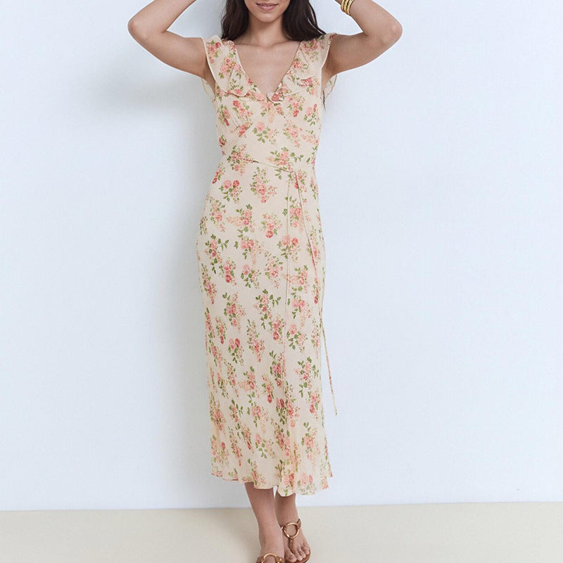 V-Neck Floral Lace-Up Slim-Fit Long Dress For Women