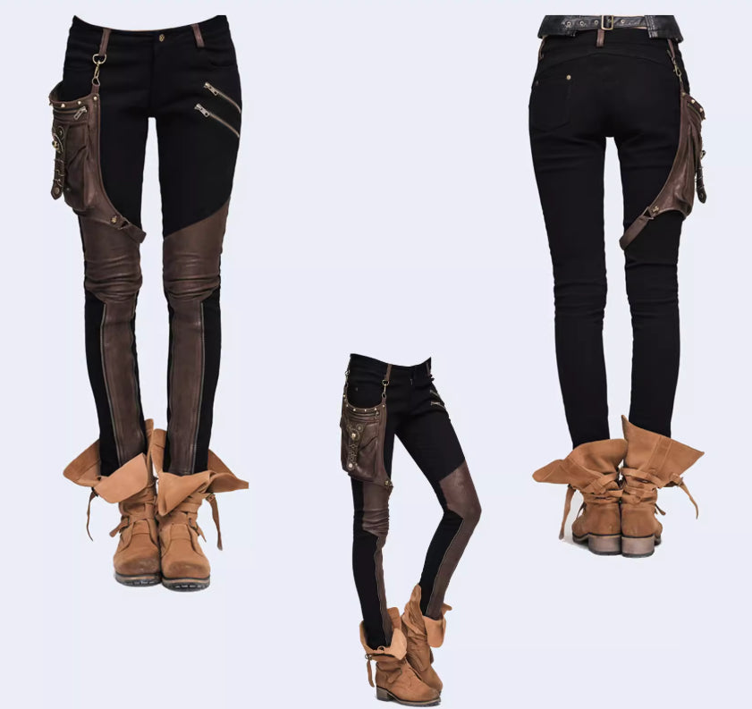 Street-style Punk And Western Rock Patchwork Solid-color Pencil Pants For Women