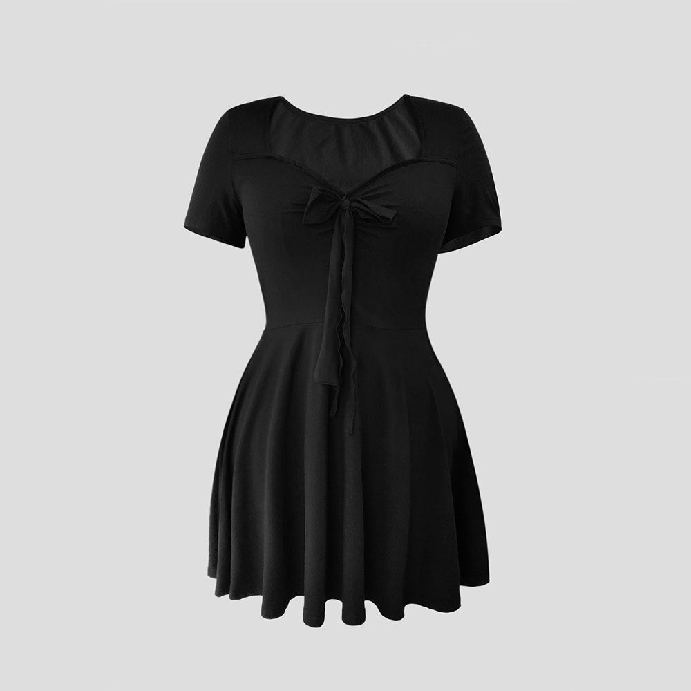 Pleated Tie-Up V-Neck Short-Sleeve A-Line Mini Dress