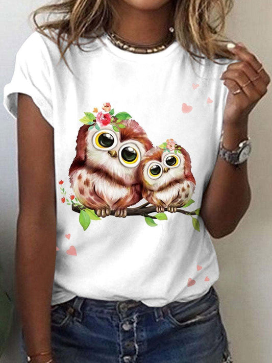 Cute Owl Pattern 3D Printed Round Neck Short Sleeve