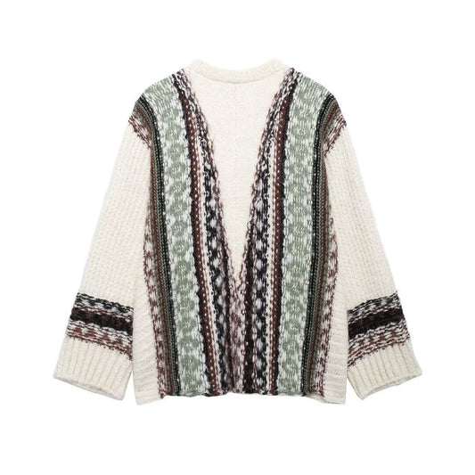Fashion V-neck Sweater Jacquard Loose-fitting Coat