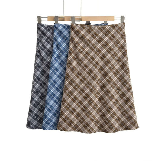 Retro College Style Plaid Contrast Skirt
