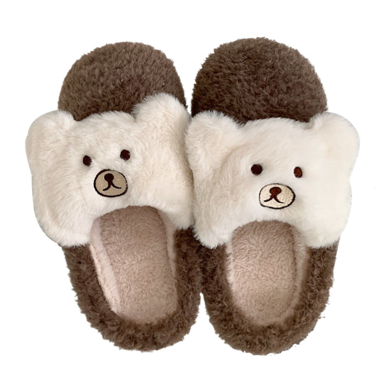 Cute Bear Plush Shoes Women's Warm Cotton Slippers