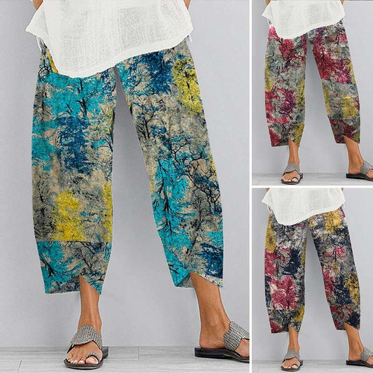 Cotton and linen printed cropped trousers