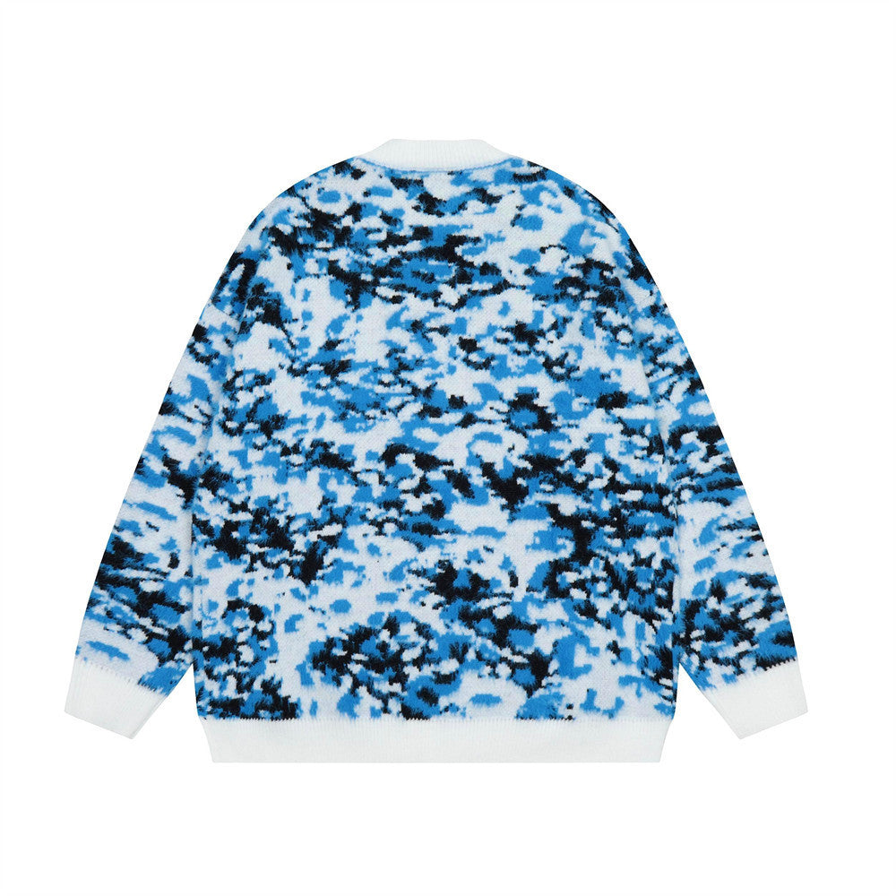 Color Contrast Jacquard Crewneck Knitted Cardigan Men's Sweater Coat Sweater