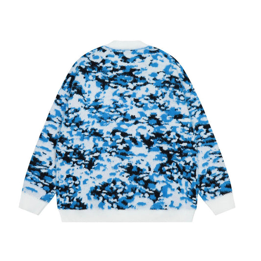 Color Contrast Jacquard Crewneck Knitted Cardigan Men's Sweater Coat Sweater