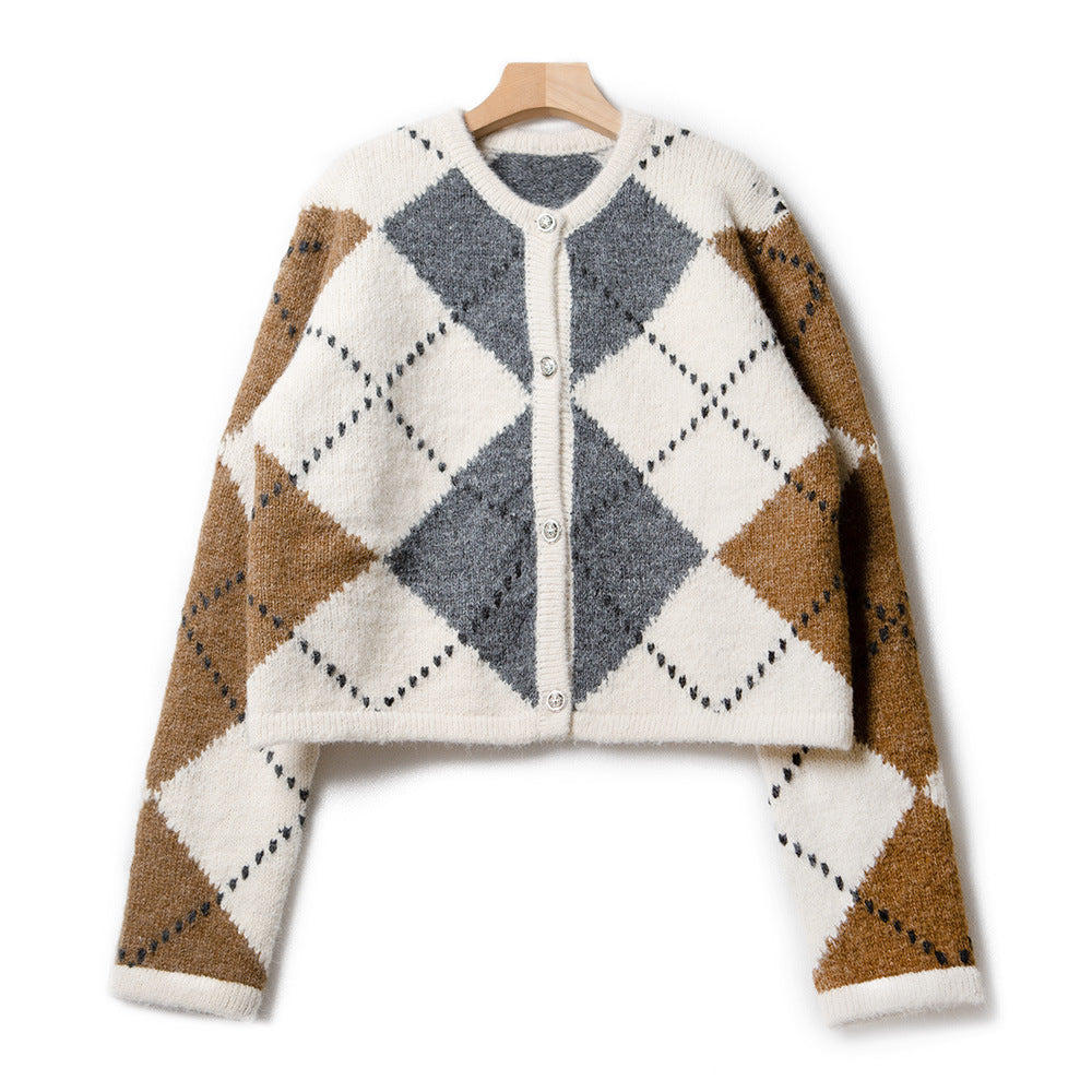 Women's Alpaca Geometric Contrast Color Knitted Cardigan Short Coat