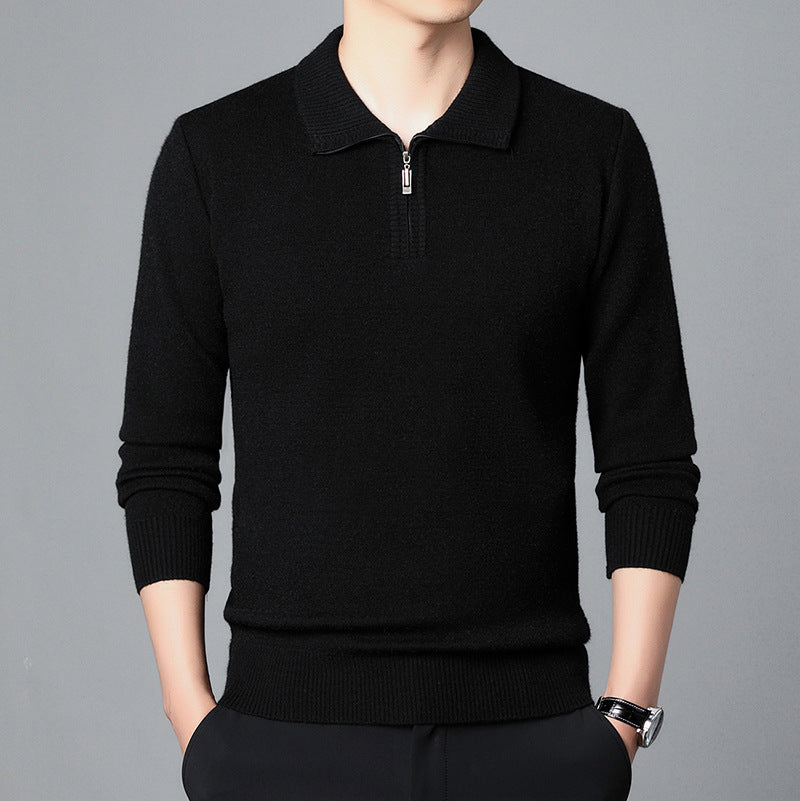 T-shirt Trendy High-end Men's Lapel Pullover Long Sleeve Knitted Sweater 100 Wool