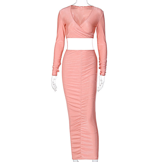 European And American Sexy Fashion Suit New Long-Sleeved V-Neck Blouse Hip Slim Skirt