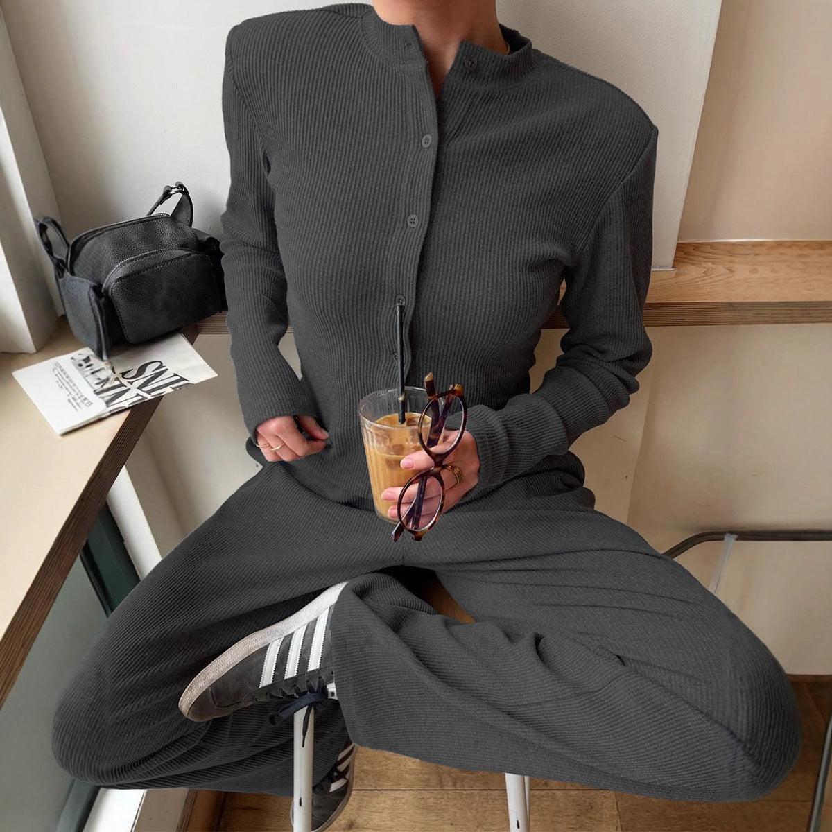 Half-high-neck Rib-knit Long-sleeve Cardigan And Button-front Trousers Set
