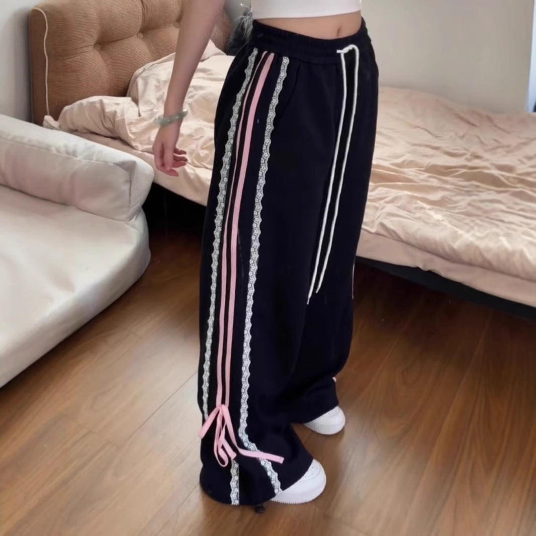 Black Sweet Cool Lace Ribbon Stitching Sports Pants
