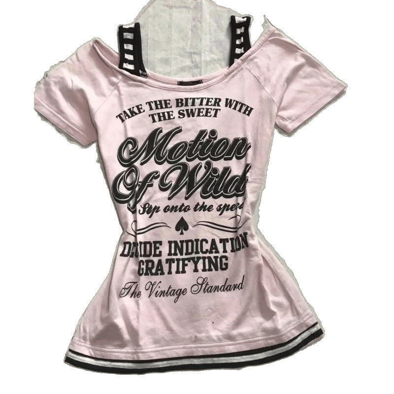 Retro Patchwork Striped Shoulder Strap T-Shirt With Letter Print Slim-Fit Short-Sleeve For Trendy