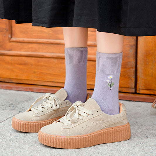 Japanese Candy Color Small Flower Embroidery Pile Socks