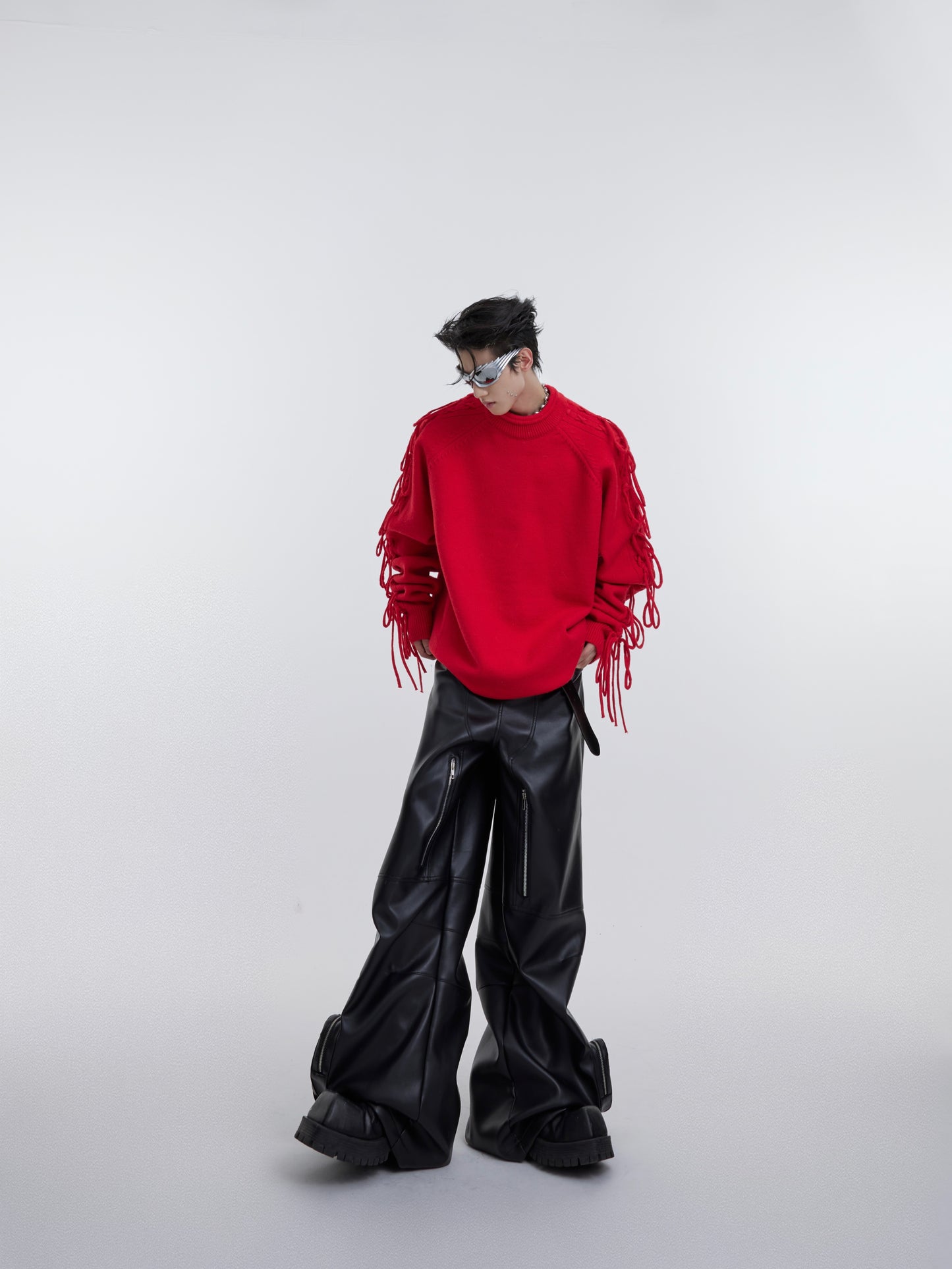 Deconstructed Fringe Design Crease Crease Neck Knit Sweater