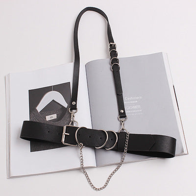 Concave shape black strap leather chain