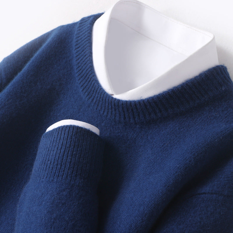Mænds tykke pullover fåreuldssweater løs rundhals ensfarvet sweater