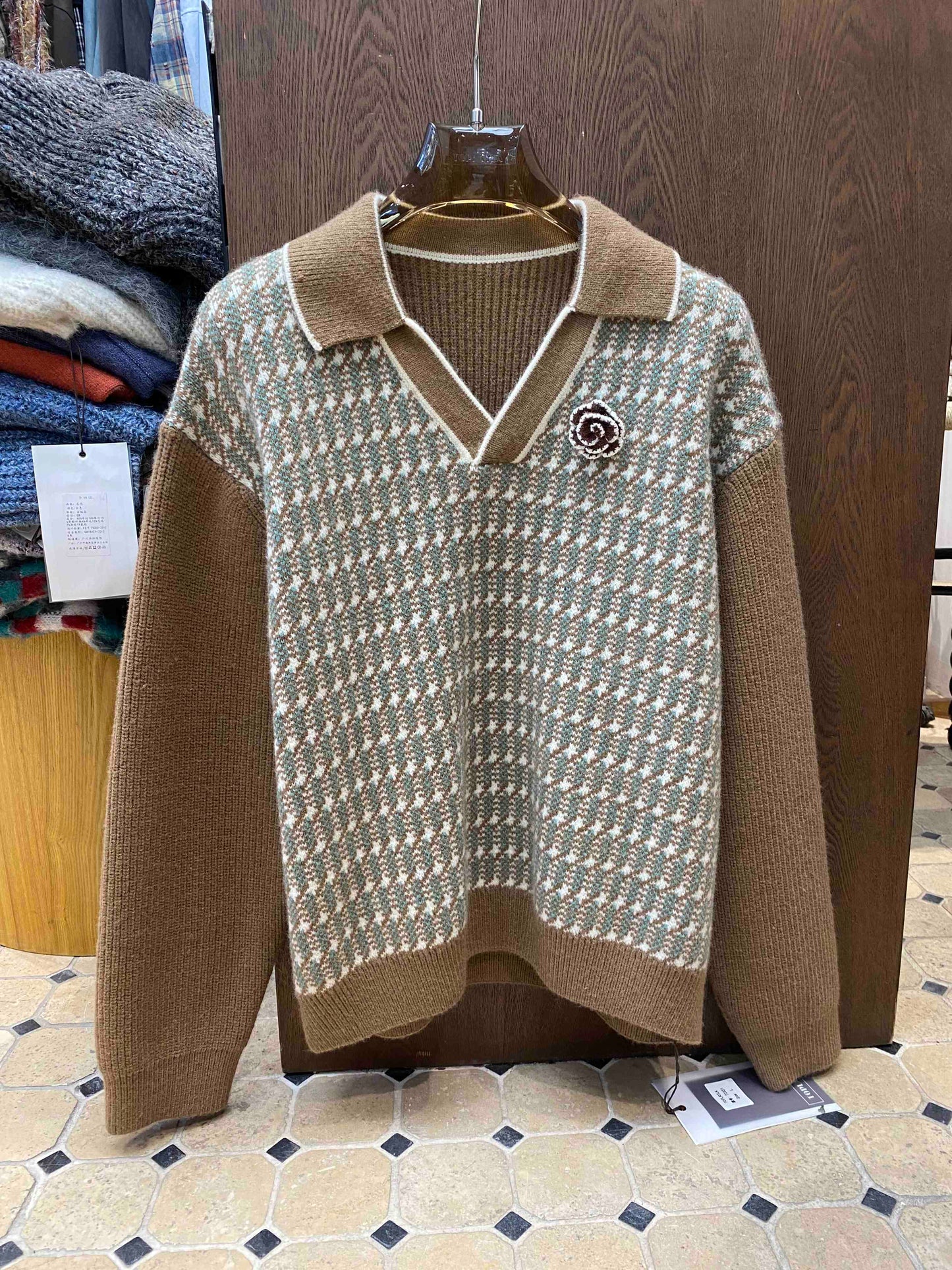 Stitching Contrast Color V-neck Houndstooth Sweater Loose