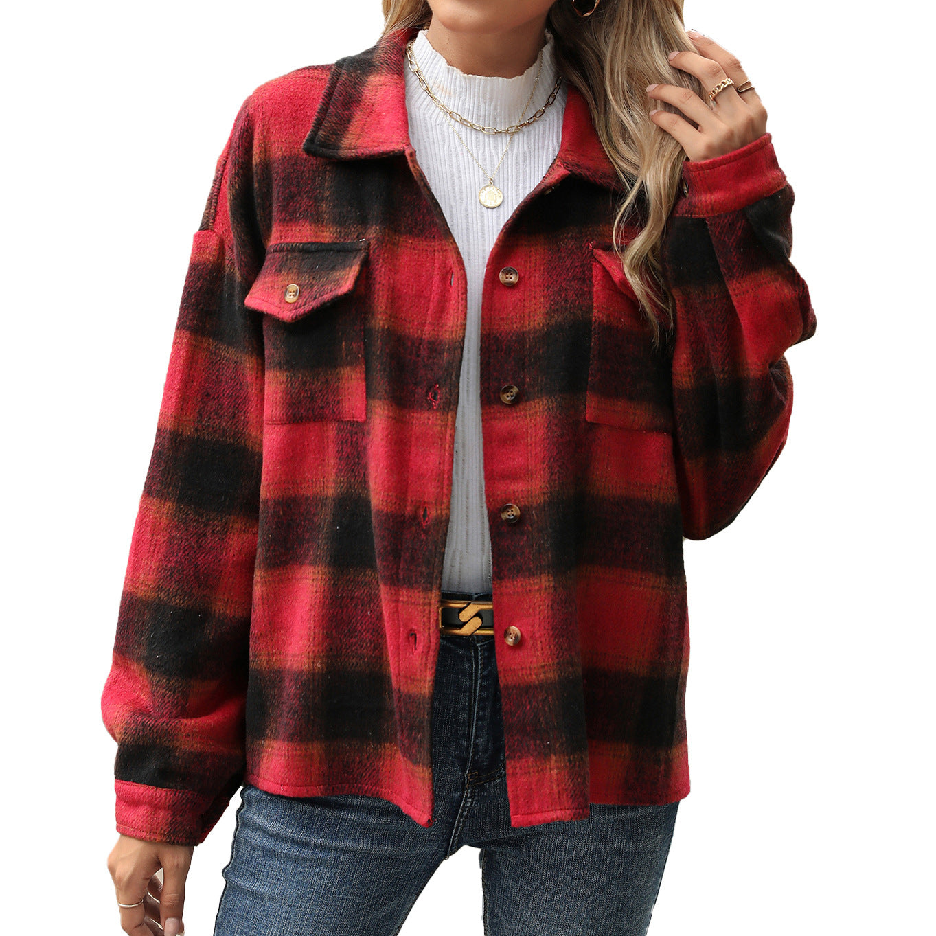 Polo Collar Stripes Plaid Pocket Loose Long-sleeved Woolen Coat