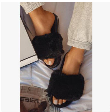Spring/Summer New Rhinestone Flat Bottom Oversized Furry Sandals and Slippers