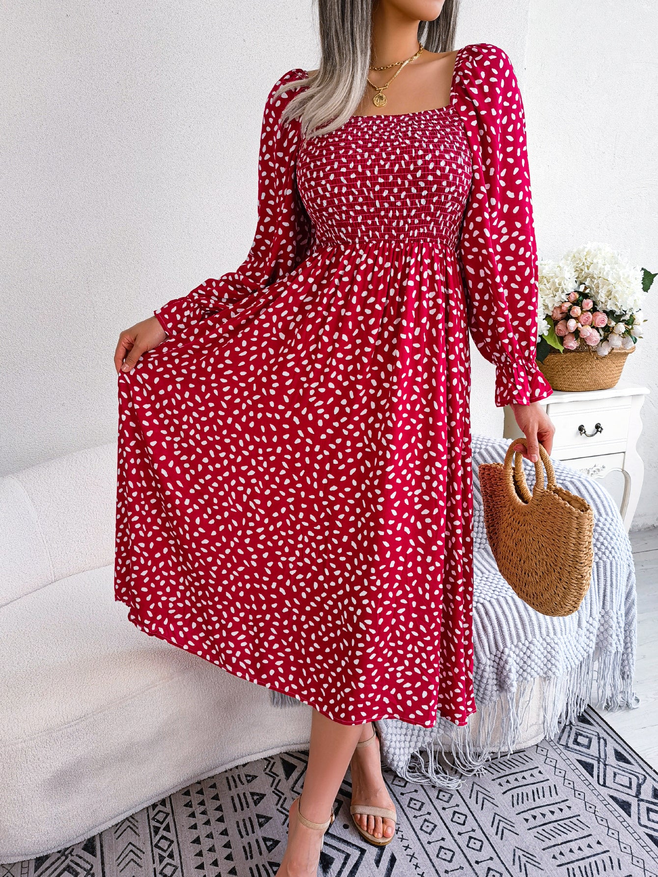 Women Square Neck Long Sleeve Vacation Rayon Pleated Maxi Dress