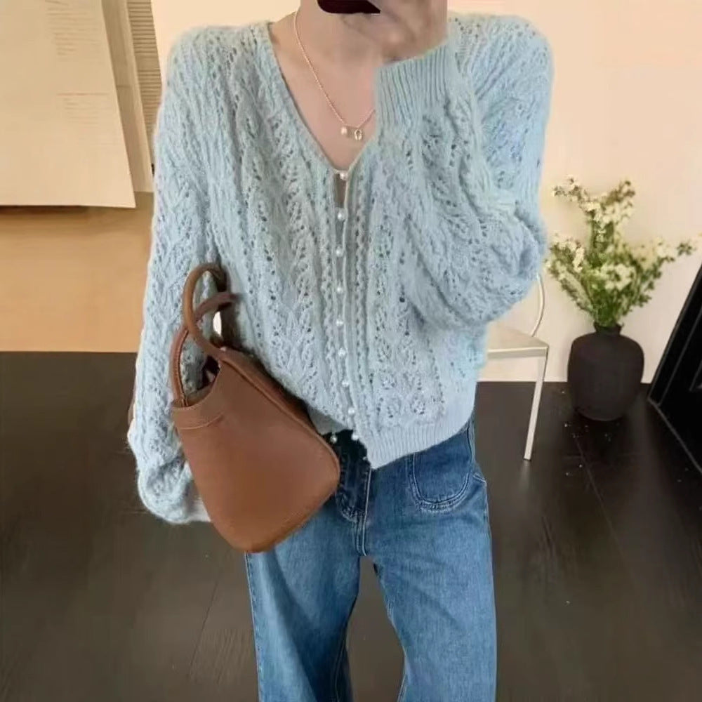 Women's Solid Color Hollow Crocheted V-neck Long-sleeve Knitwear