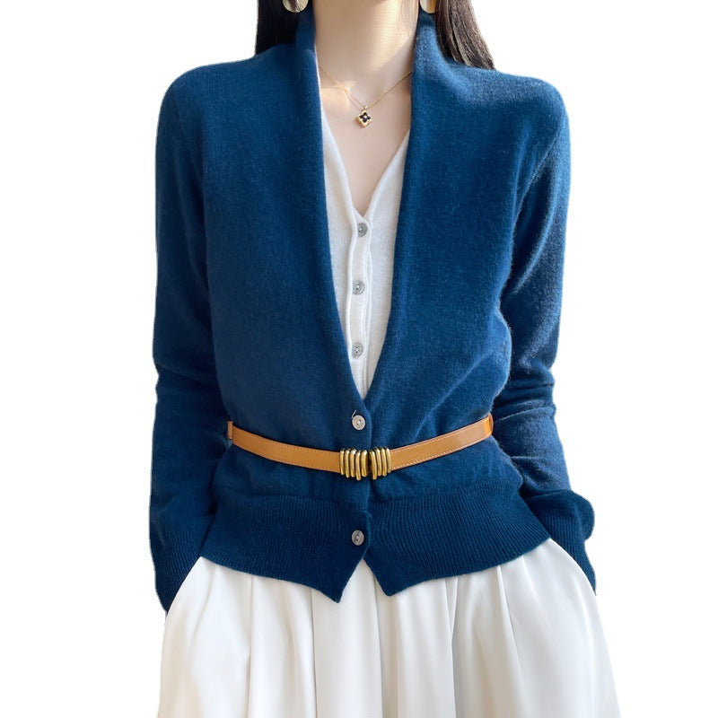 Pure Wool Women's Spring And Autumn V-neck Stitching Coat Knitted Top