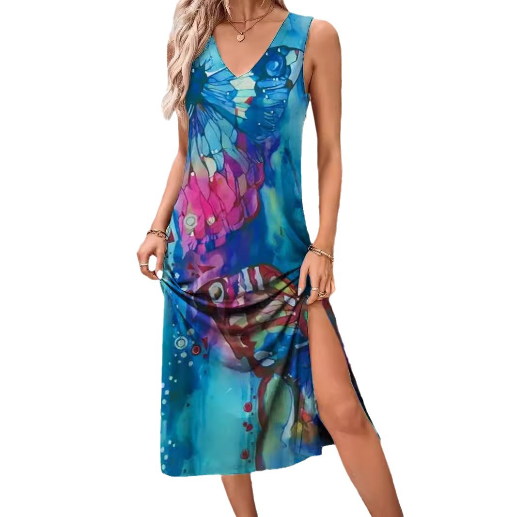 V-neck Slit Fashionable Slip Dress With A Printed Design