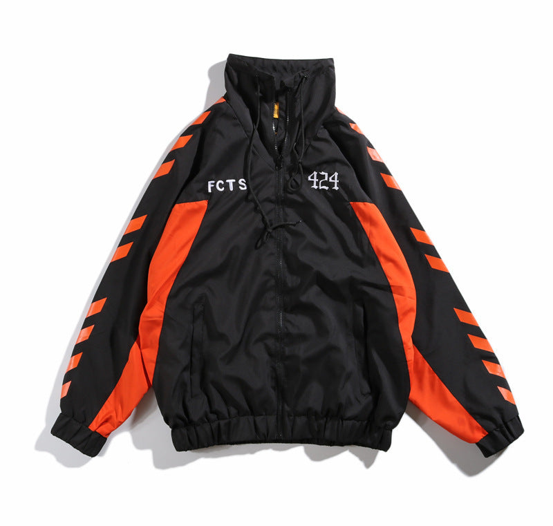 Retro String Standard Color Block Hooded Net Red Windbreaker