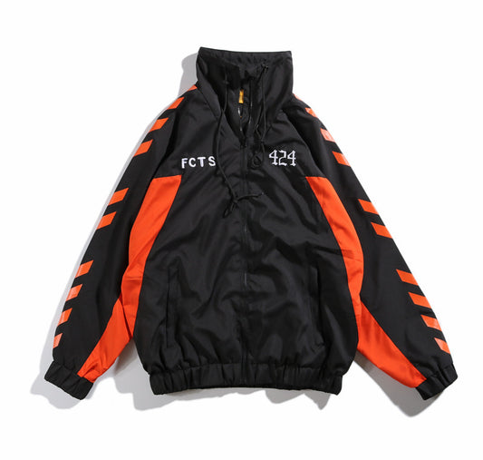 Retro String Standard Color Block Hooded Net Red Windbreaker