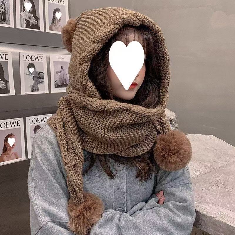 Korean-style Wool Hat Versatile Attached Scarf