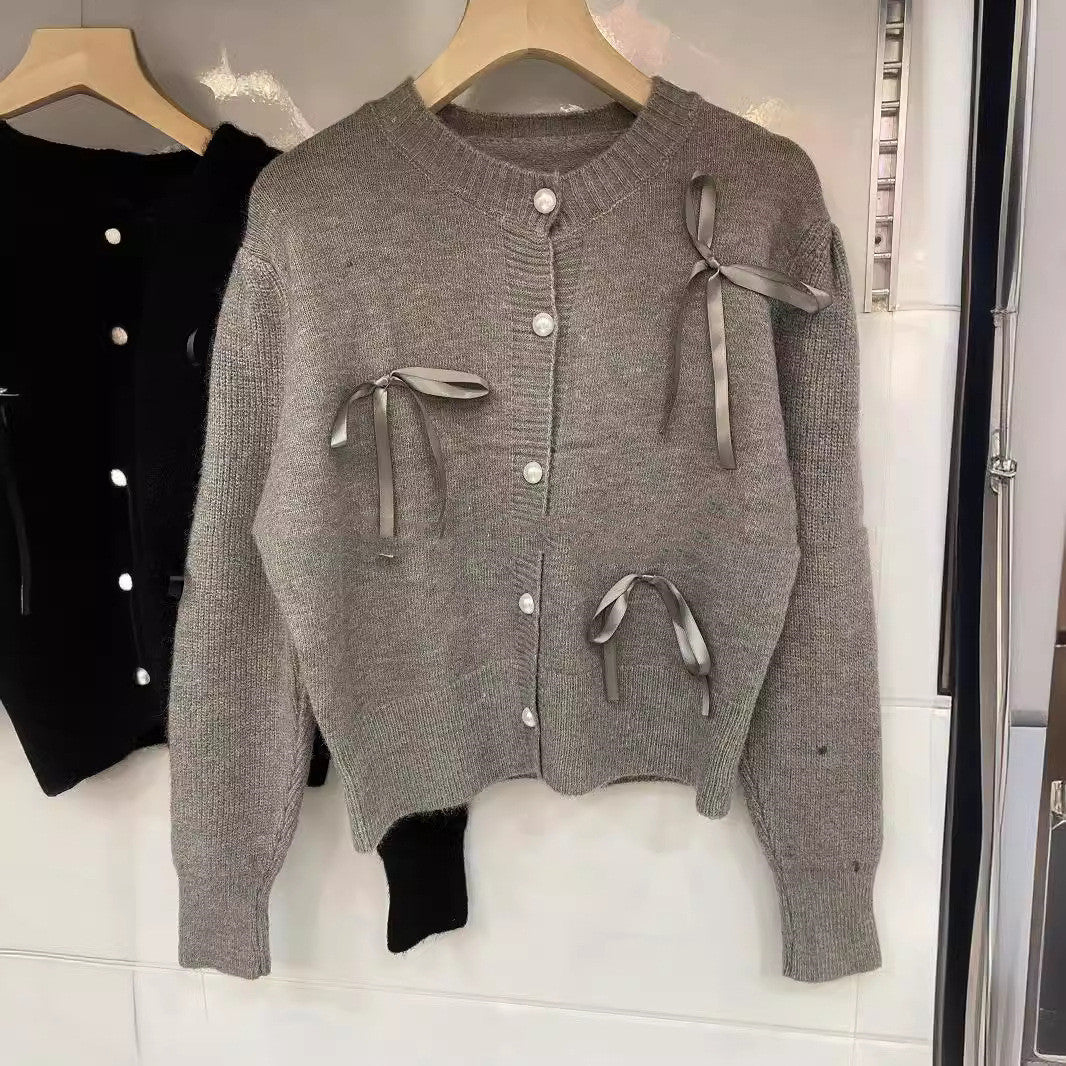 Ribbon Bow Bandage Fashionable Round Neck Coat Top