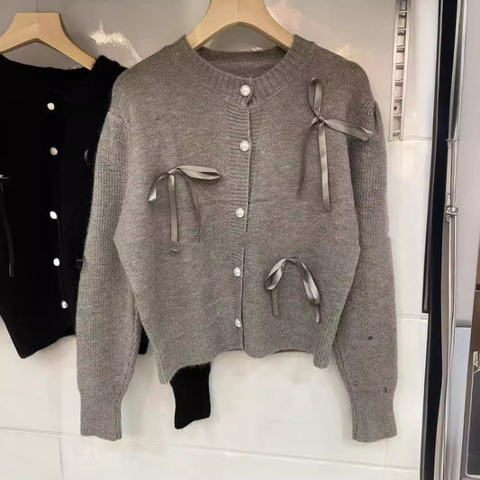 Ribbon Bow Bandage Fashionable Round Neck Coat Top