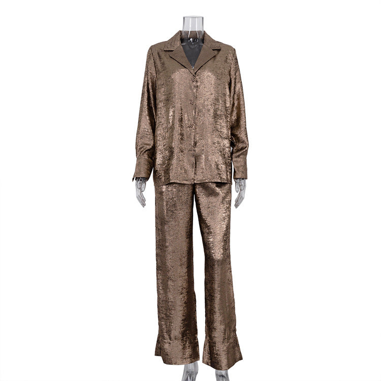 Collared Long-sleeved Shirt And High-waisted Wide-leg Pants Two-piece Set
