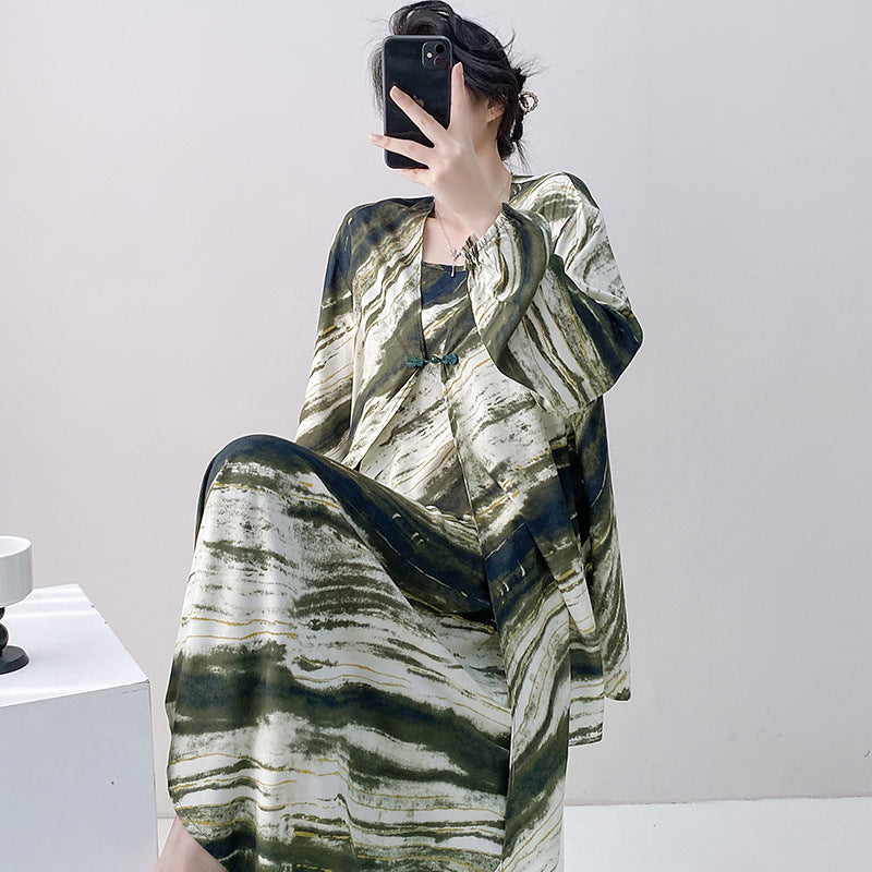 Womens Loose Casual Printed Camisole Dress And Outerwear Set