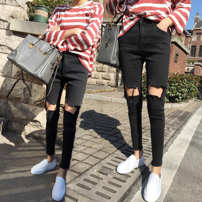 Female ripped skinny black beggar pencil pants