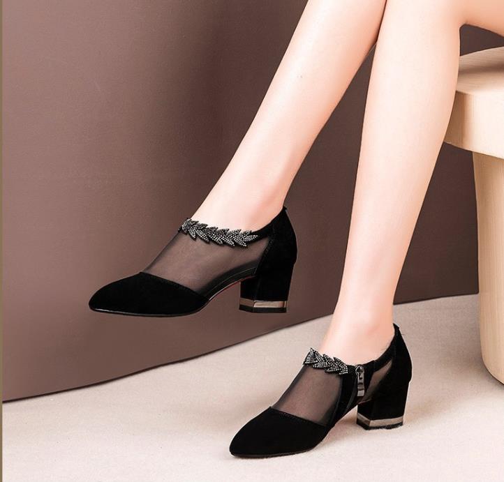 Mesh pointed toe zipper high heel women's shoes