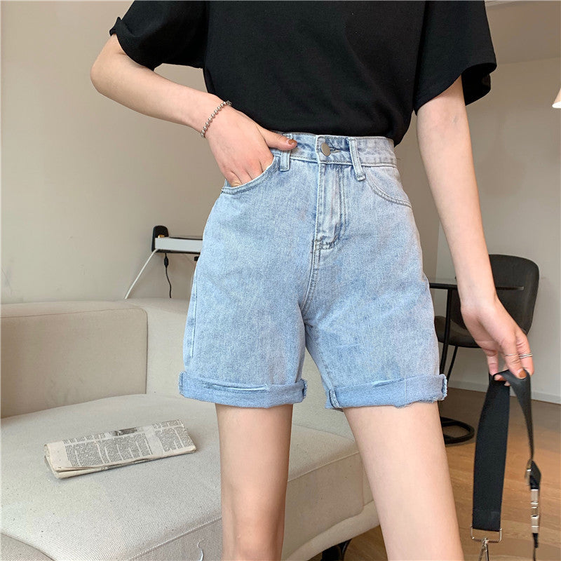 High-waisted slim-hole ruffled five point jeans