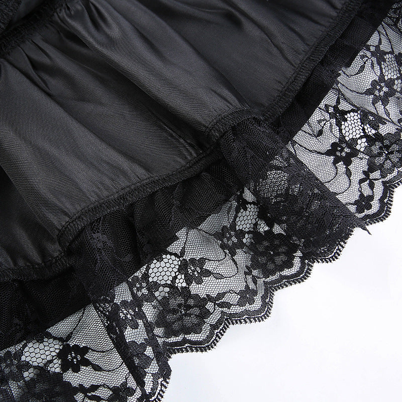 Dark Street Style Lace Stitching Bow Pleated Skirt