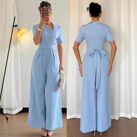 Blå Off-shoulder Jumpsuit med Bælte til Kvinder