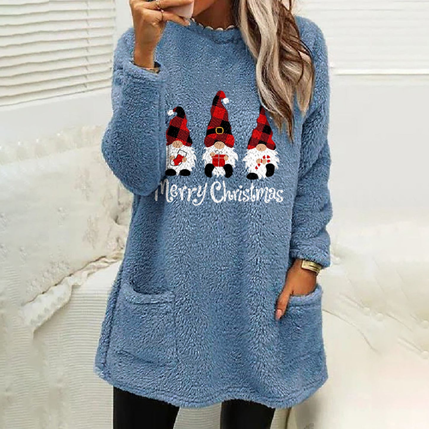 Julebrevtryk Rund Hals Løs Langærmet Lomme Fleece Sweatshirt