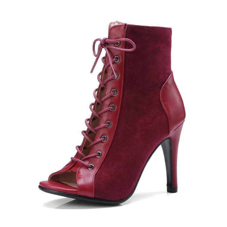 Hollow Thin Heel High Lace Up Short Boots