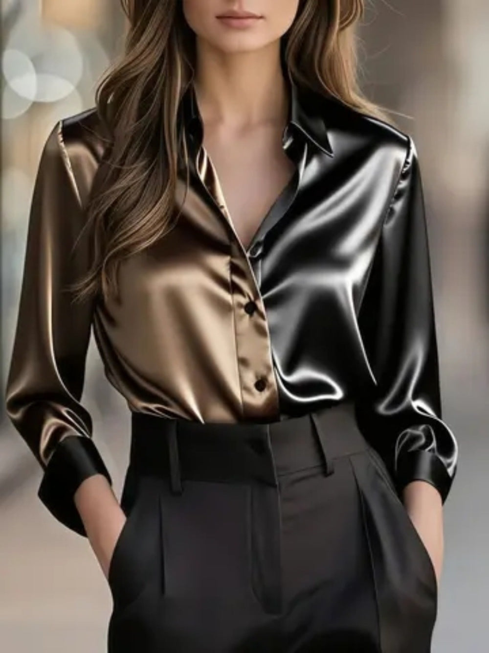 Elegant And Fashionable Double-tone Lapel Button-up Shirt For Women