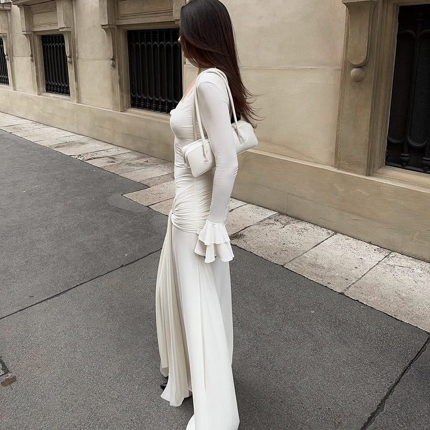 Womens Stylish V-neck Patchwork Hollow-out White Dress